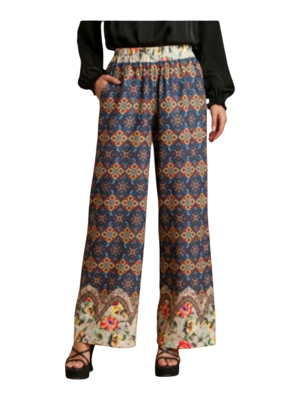 Umgee Navy Wide-Leg Patterned Palazzo Pants with Floral Border